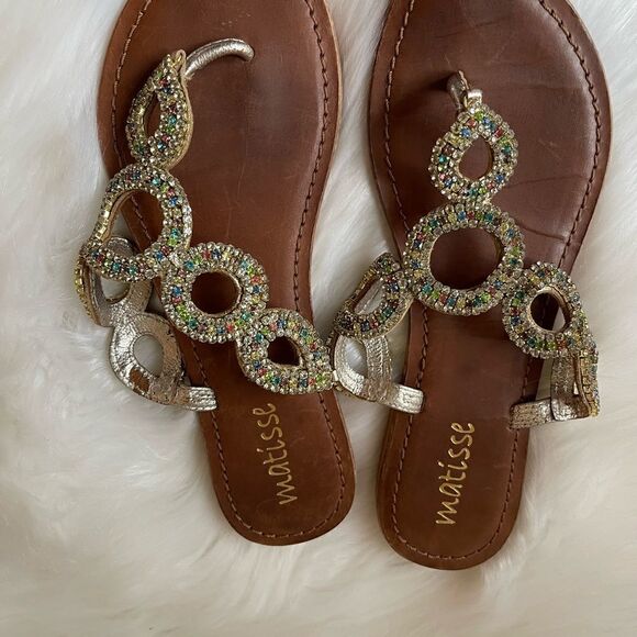Matisse leather gold upper with multi color rhinestones thong flats sandals Sz7M - Picture 2 of 6